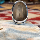Handcrafted sterling silver multistone ring by Bernice Bonney featuring a colorful arrangement of natural gemstones in a traditional Southwestern Native American design.  Underside view.