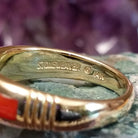 Handcrafted Navajo 14K gold ring featuring red coral inlay in a polished Southwestern Native American design.  Artisan and 14K gold stamp.