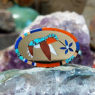Handcrafted 14K gold ring by Albert and Dolly Banteah featuring a colorful hummingbird inlay design in a traditional Zuni Southwestern Native American style.