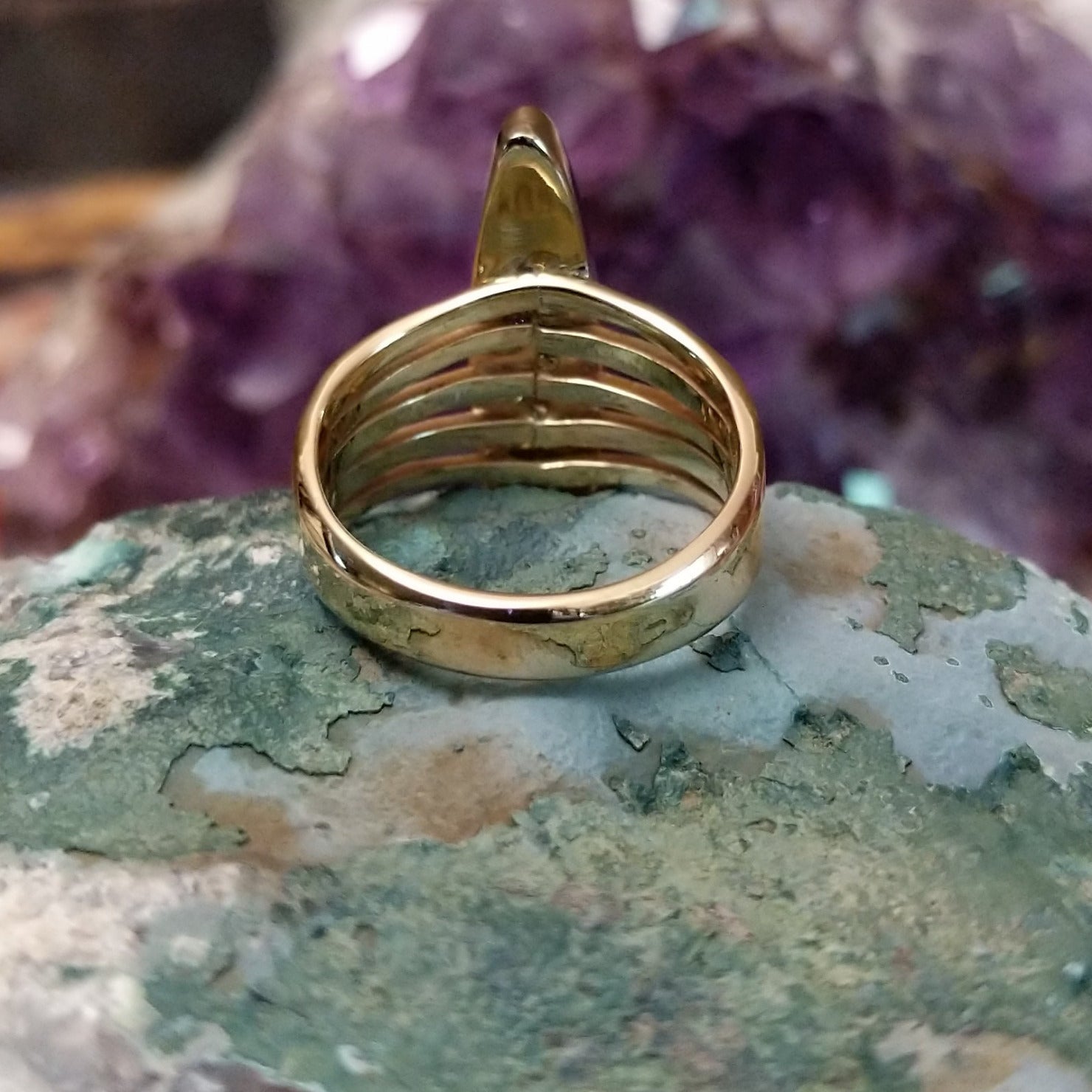 Handcrafted 14K gold navette ring by R.D. featuring vibrant turquoise inlay in a traditional Southwestern Native American design.  Underside view.