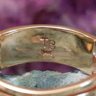 Two row multistone inlay ring in 14K yellow gold by Tom Billy, featuring colorful stone inlay arranged in parallel rows within a polished gold band.  Artisan and 14K gold stamp.