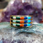 Three row multistone inlay ring in 14K yellow gold by Tom Billy, featuring colorful stone inlay arranged in three parallel rows within a polished gold band.