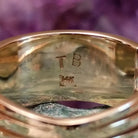 Three row multistone inlay ring in 14K yellow gold by Tom Billy, featuring colorful stone inlay arranged in three parallel rows within a polished gold band.  Artisan and 14K gold stamp.