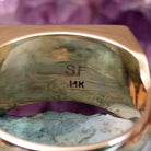 Multistone inlay ring in 14K yellow gold by Steve Francisco, featuring colorful stone inlay patterns set within a polished gold band.  Artisan and 14K gold stamp.