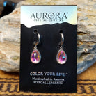 Aurora teardrop crystal earrings by LeightWorks, featuring faceted teardrop-shaped crystals with brilliant sparkle and an elegant lightweight design.