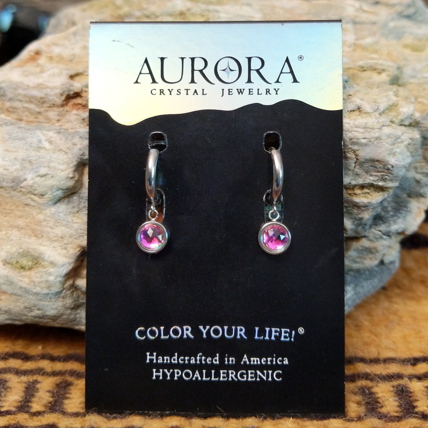 Aurora lunar hoop earrings by LeightWorks, featuring sparkling faceted crystal accents set within elegant lightweight hoops with brilliant light-reflecting detail.