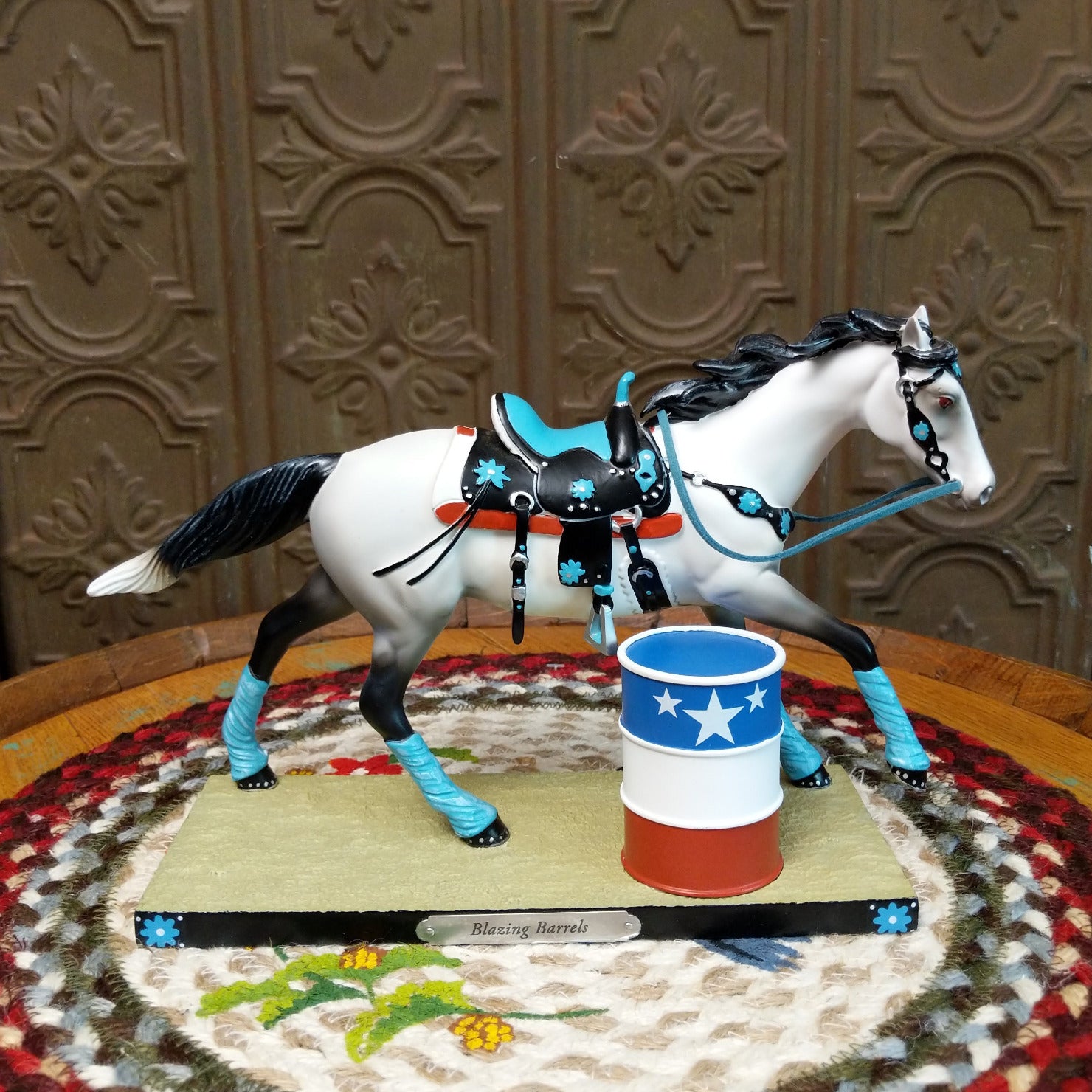"Blazing Barrels" collectible pony by The Trail of Painted Ponies, featuring detailed hand-painted rodeo-inspired artwork, bold Western designs, and vibrant colors.
