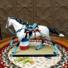 "Blazing Barrels" collectible pony by The Trail of Painted Ponies, featuring detailed hand-painted rodeo-inspired artwork, bold Western designs, and vibrant colors.