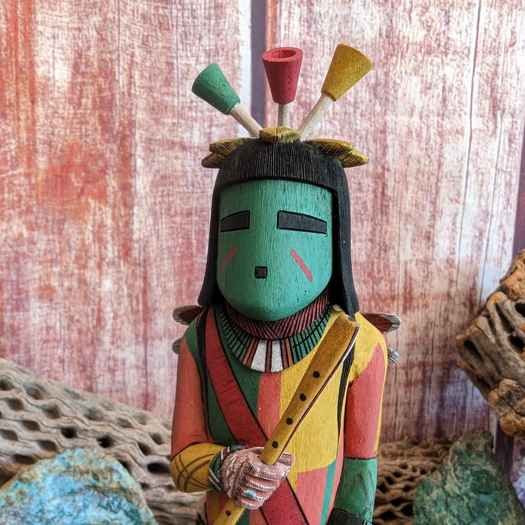 Hopi Carved Katsina Flute Doll by Harold Nevayaktewa Detail View