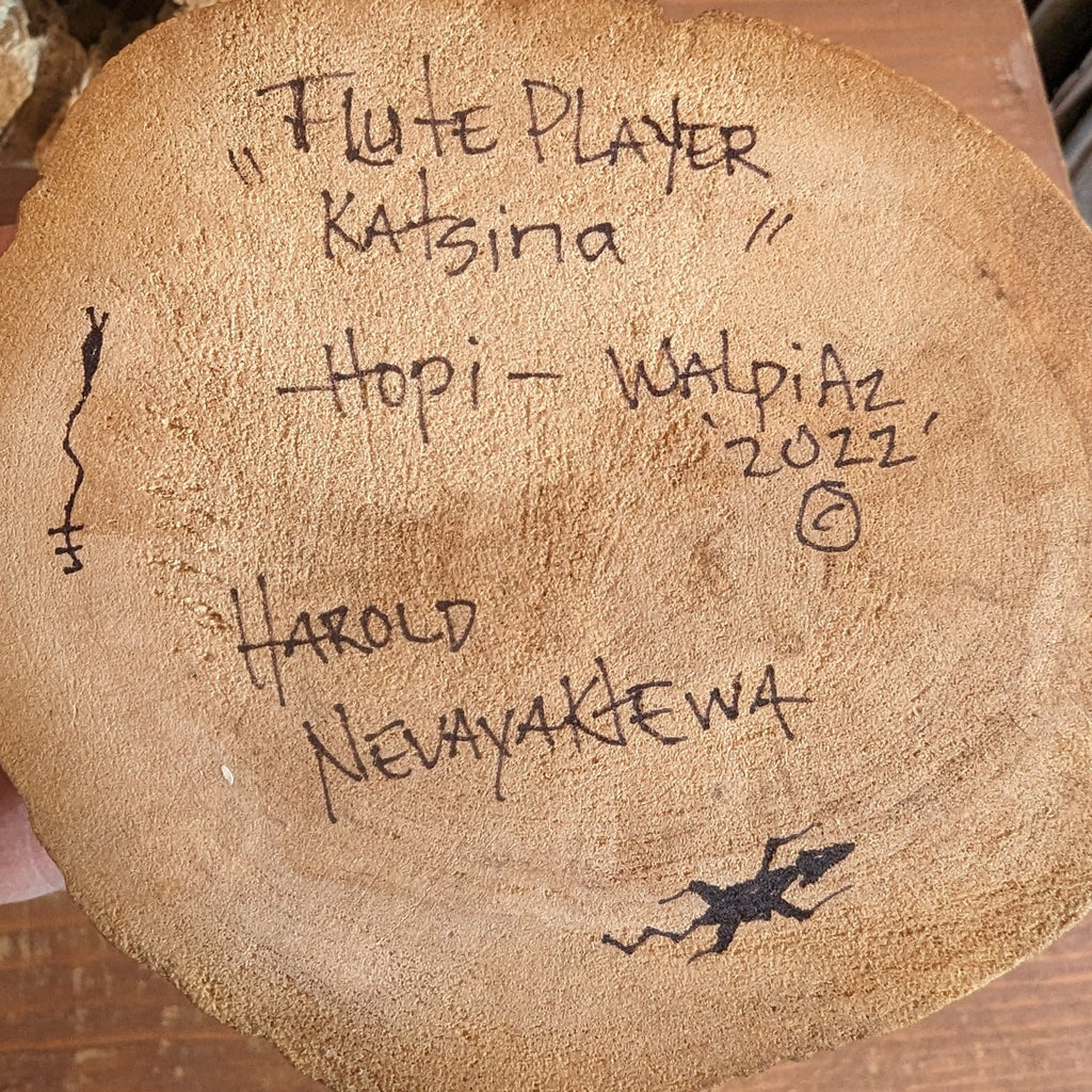 Hopi Carved Katsina Flute Doll by Harold Nevayaktewa Signature View