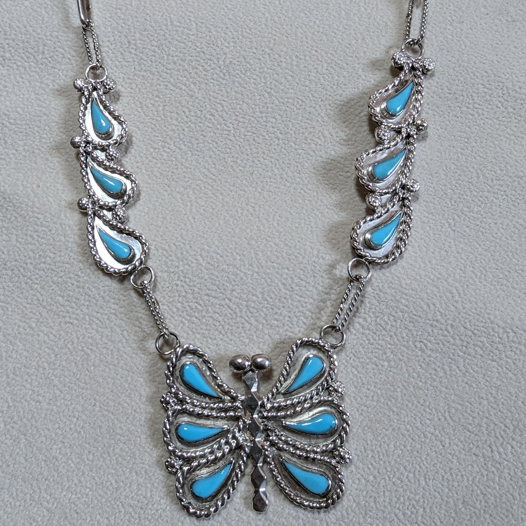Zuni Handmade Sterling Silver & Turquoise Butterfly Pendant Set with Earrings & Ring GJ-JWS-0009