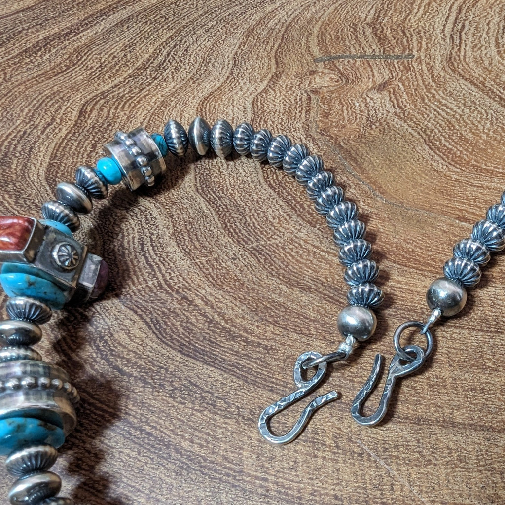 Navajo Handcrafted Sterling Silver Multi-Stone Textured Beaded Necklace by Everett & Mary Teller SWSG-NKL-0001