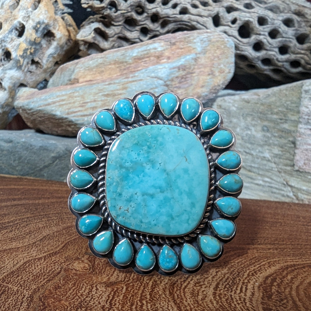 Navajo Handmade Sterling Silver & Turquoise Flower Cuff Bracelet GJ-BRC-0026