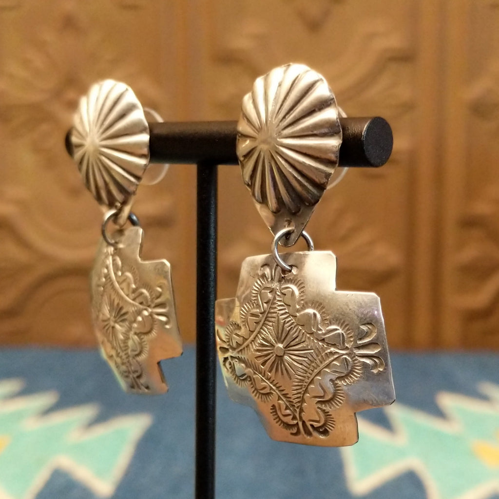 Sterling silver paths crossed earrings with intricate geometric patterns.
