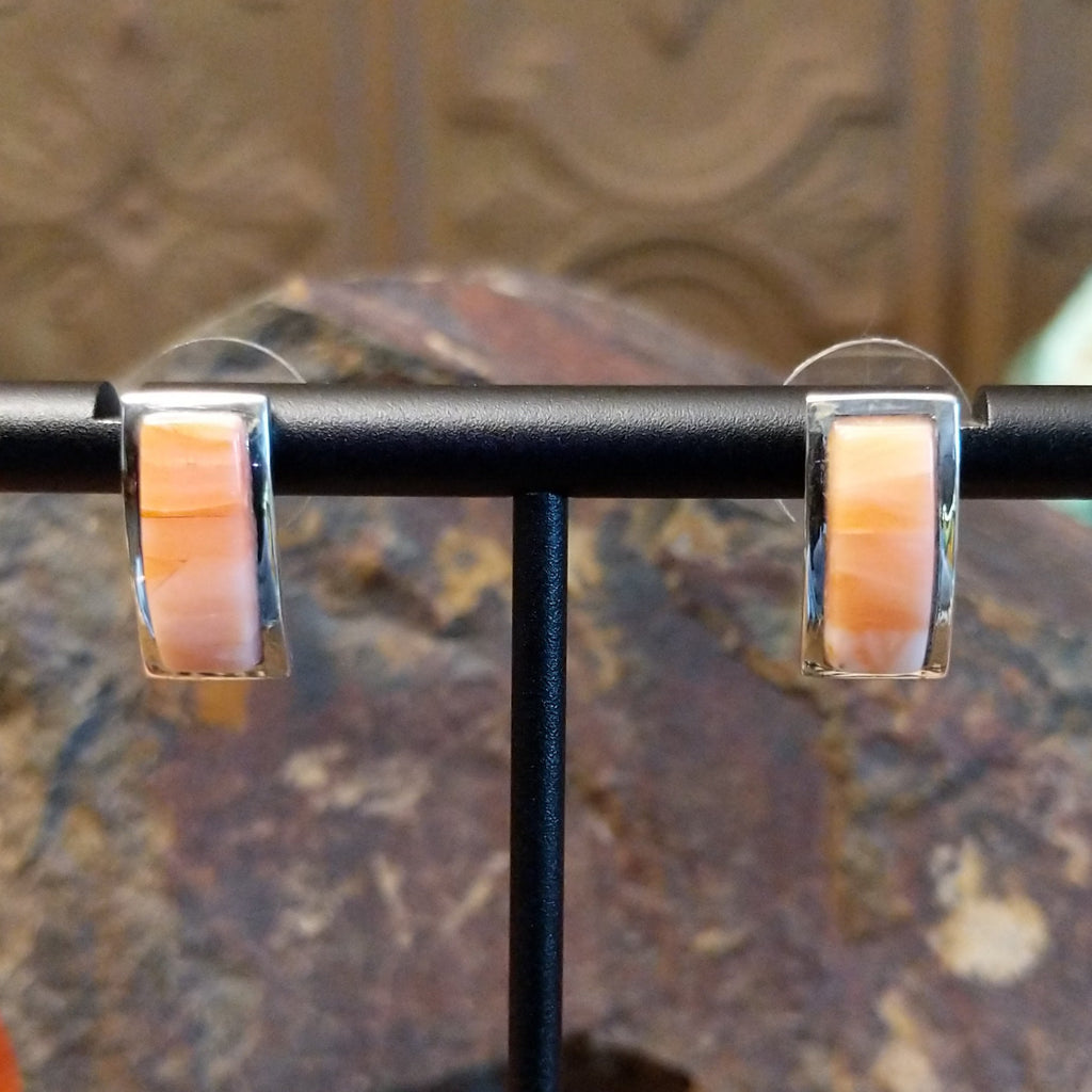 Curved rectangular sterling silver earrings with pink coral set within.