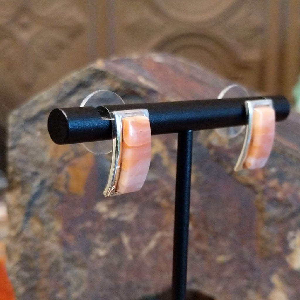 Curved rectangular sterling silver earrings with pink coral set within.