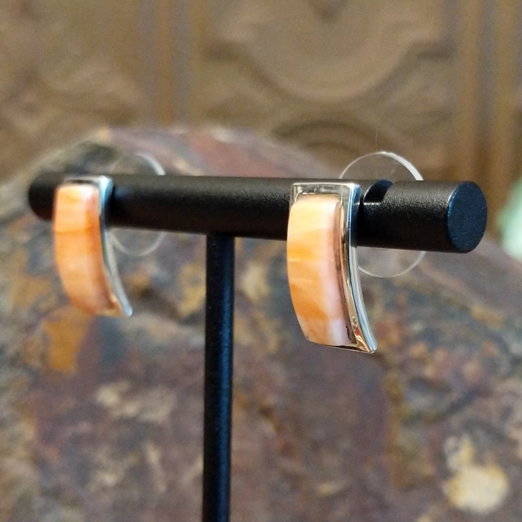 Curved rectangular sterling silver earrings with pink coral set within.