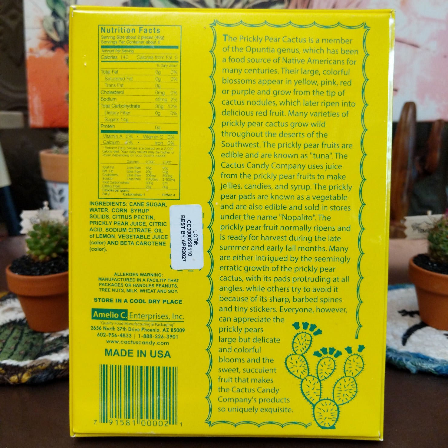Box containing 12 individually wrapped prickly pear cactus candies. Southwestern-inspired candy assortment featuring colorful wrappers and the sweet, fruity flavor of prickly pear cactus fruit.