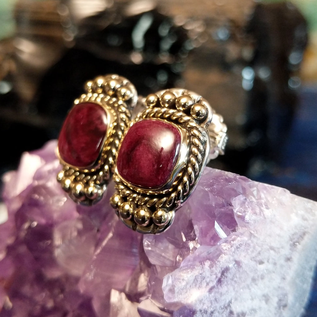 Earrings with purple spiny oyster shell in silver and gold.