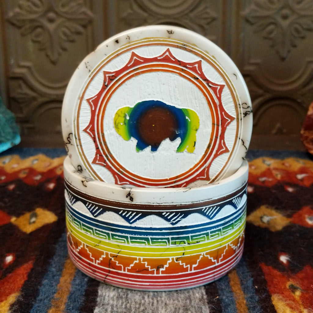 Horsehair pottery jar with white clay, rainbow stripes, and a buffalo silhouette on the lid.