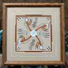 Framed Navajo sand painting of Rainbow People in a circular design.