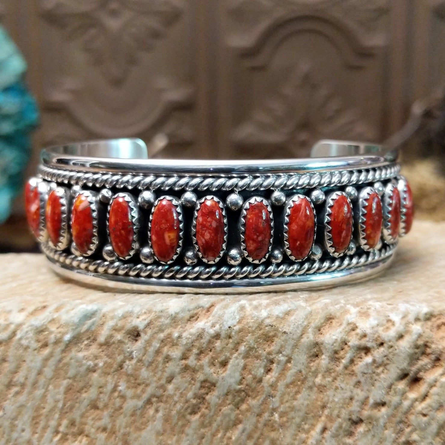 Red Spiny Oyster Shell Line Cuff by Chester Charley GJ-BRC-0247