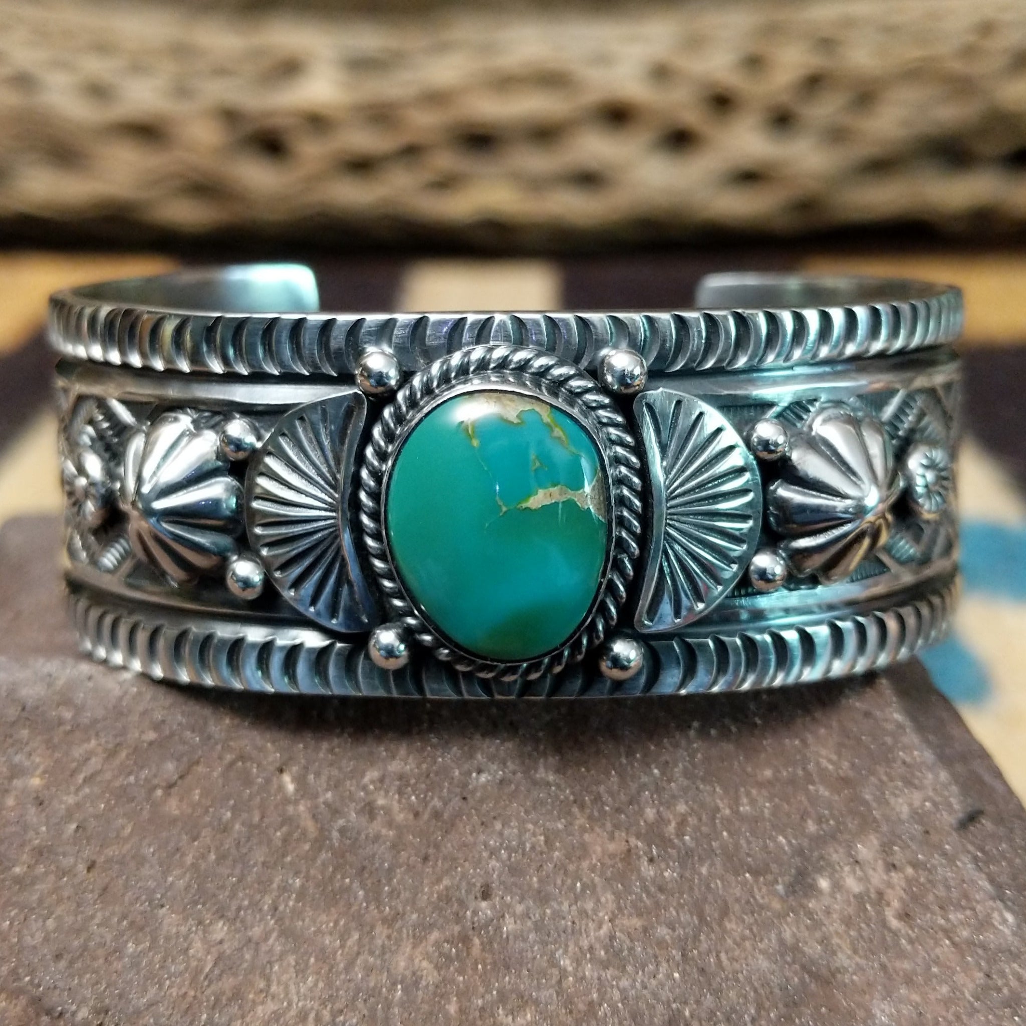 Royston turquoise cuff by Murphy Platero, featuring a vibrant blue and green Royston turquoise stone with natural matrix set in a handcrafted sterling silver open cuff.