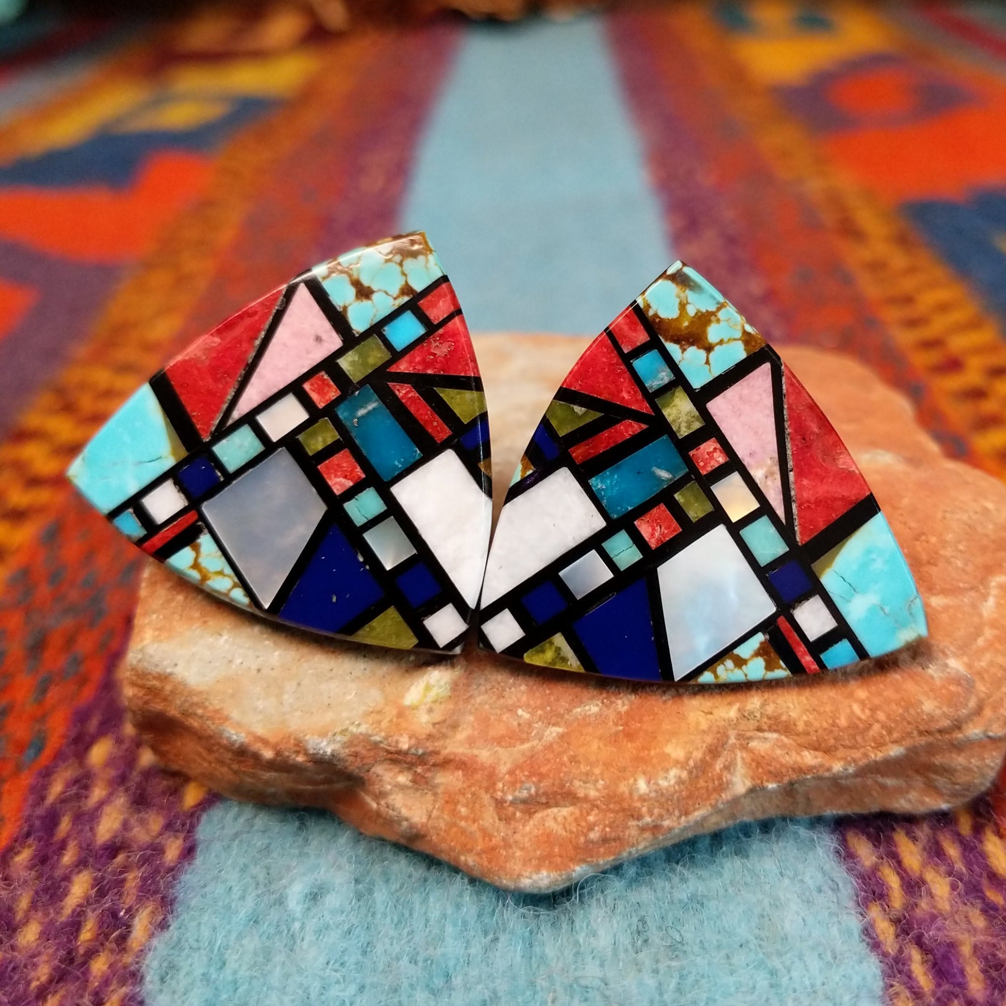 Santo Domingo Multistone Mosaic Earrings by Chris Nieto with fan-shaped geometric stone inlay.