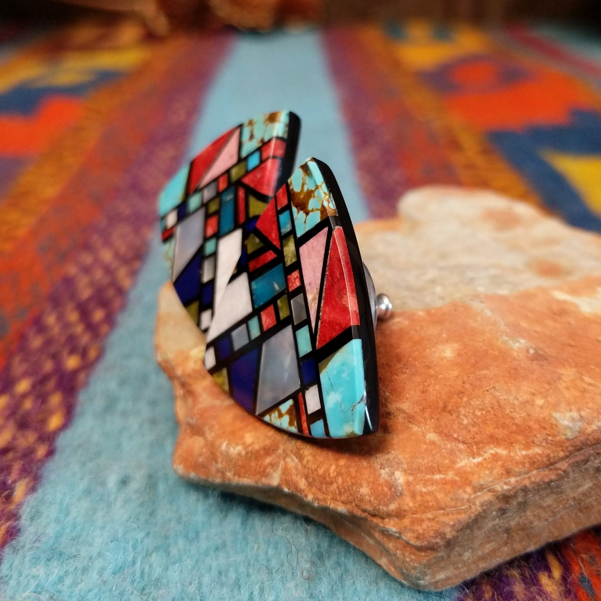 Santo Domingo Multistone Mosaic Earrings by Chris Nieto with fan-shaped geometric stone inlay.