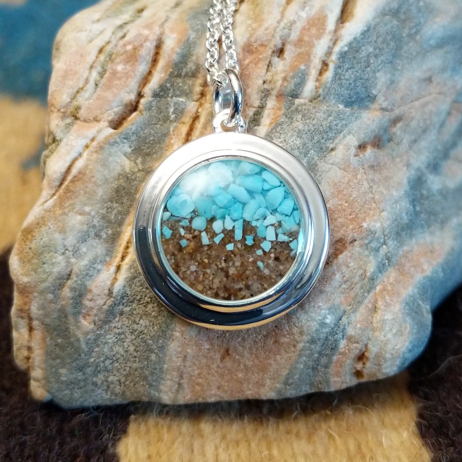 Silver-plated brass necklace with turquoise and San Pedro River sand set in the round bezel.