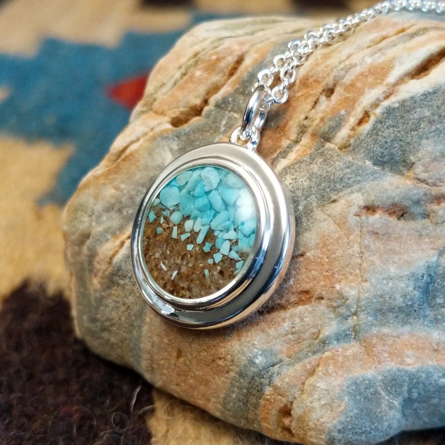 Silver-plated brass necklace with turquoise and San Pedro River sand set in the round bezel.
