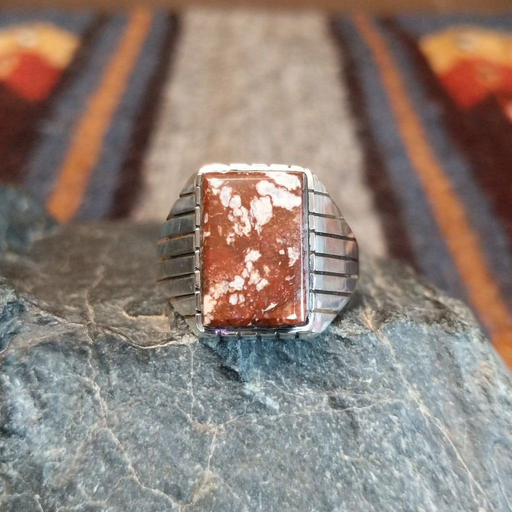 Small rectangular wild horse stone set in a sterling silver bezel.