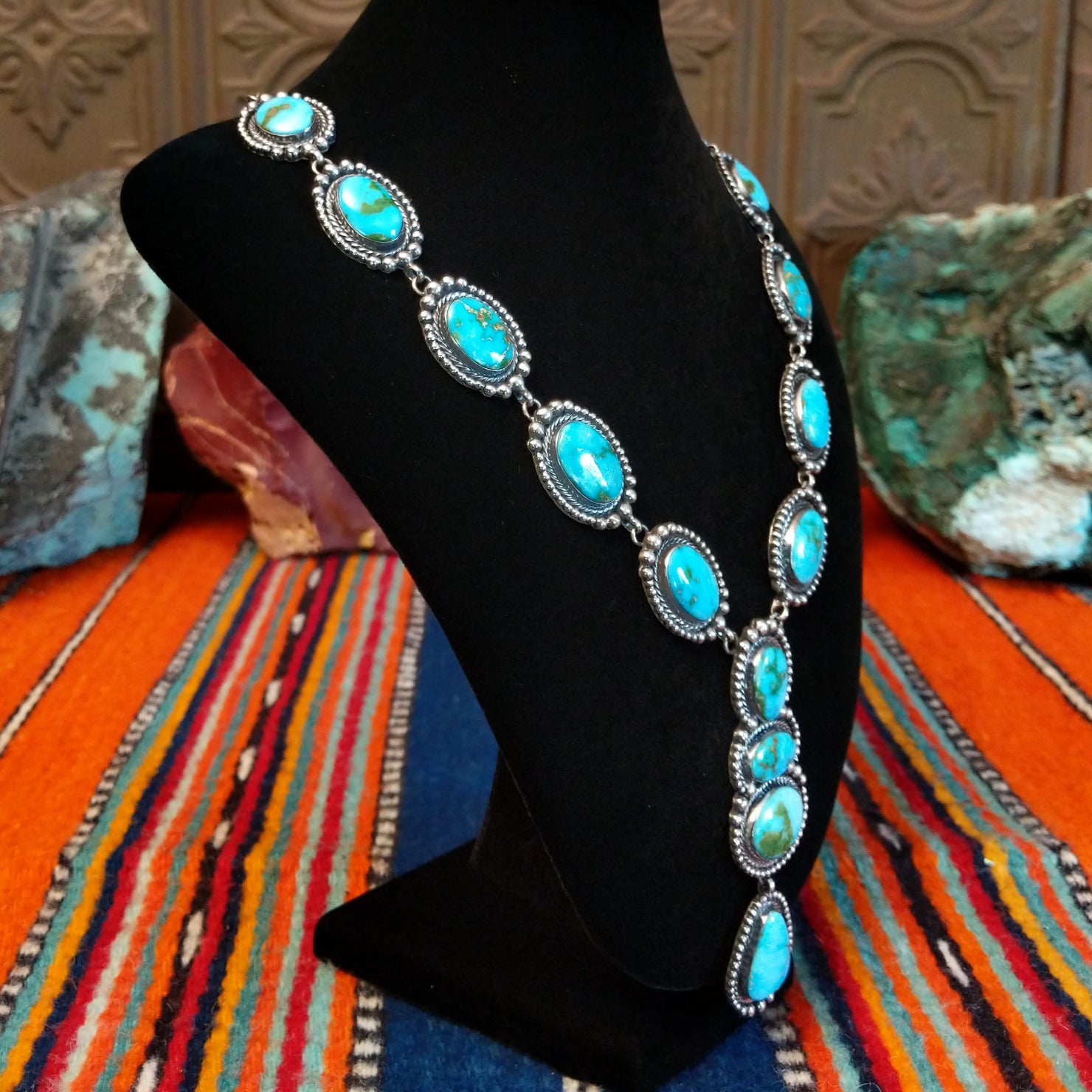 Sonoran Gold turquoise set in twisted rope bezels with intricate dot work linked together to form the necklace.