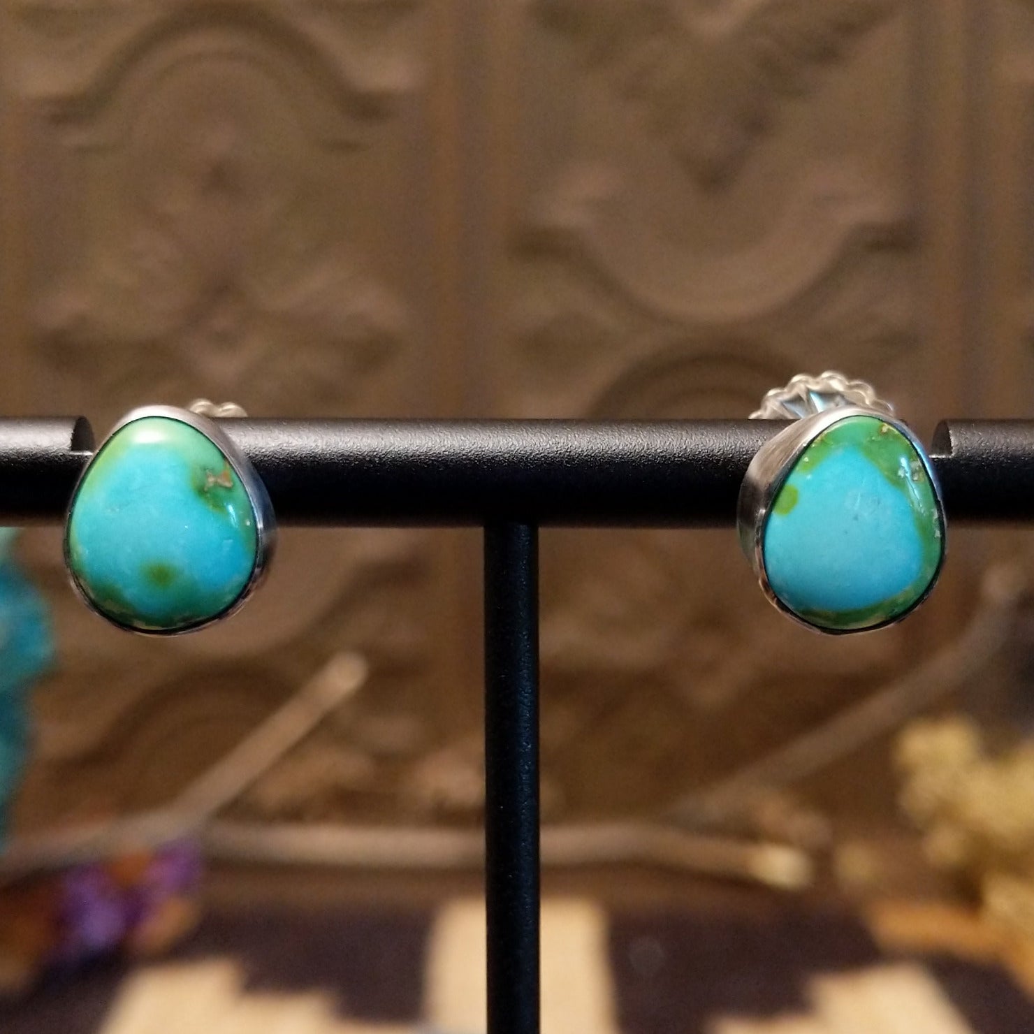 Sterling silver earrings with Sonoran gold turquoise set in oblong bezels.