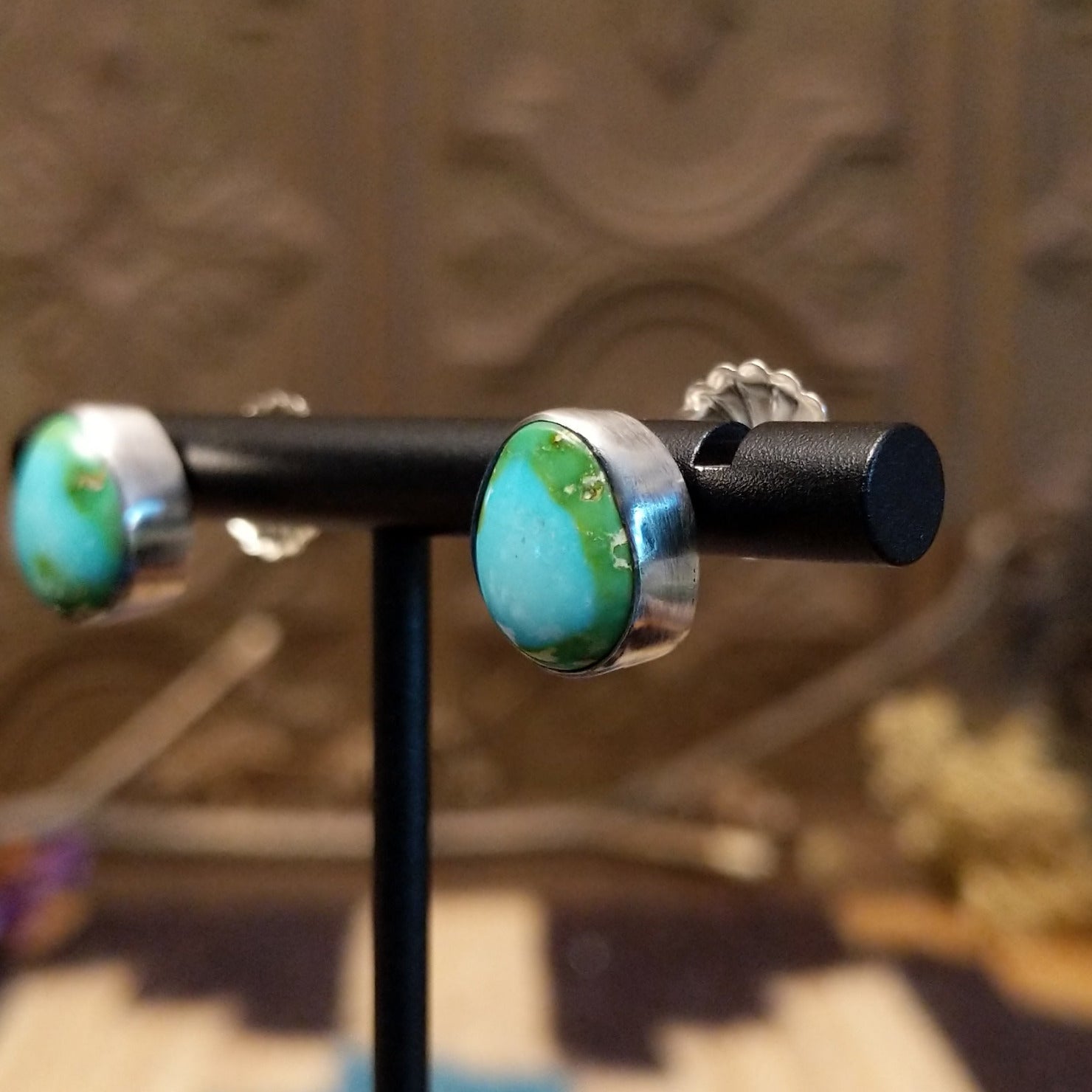 Sterling silver earrings with Sonoran gold turquoise set in oblong bezels.