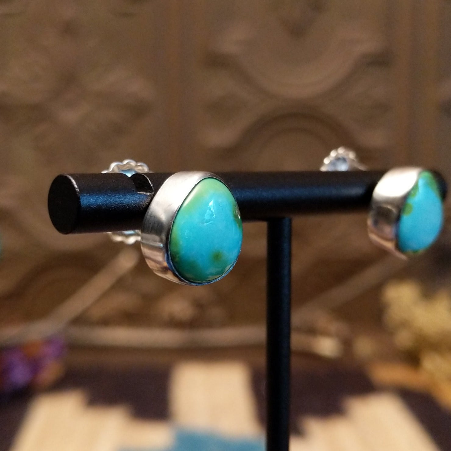 Sterling silver earrings with Sonoran gold turquoise set in oblong bezels.