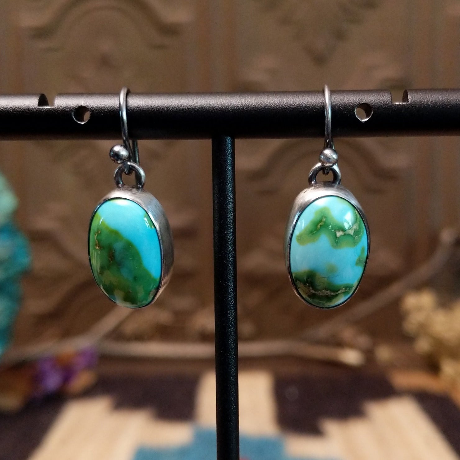 Sterling silver earrings with Sonoran gold turquoise set in bezels.