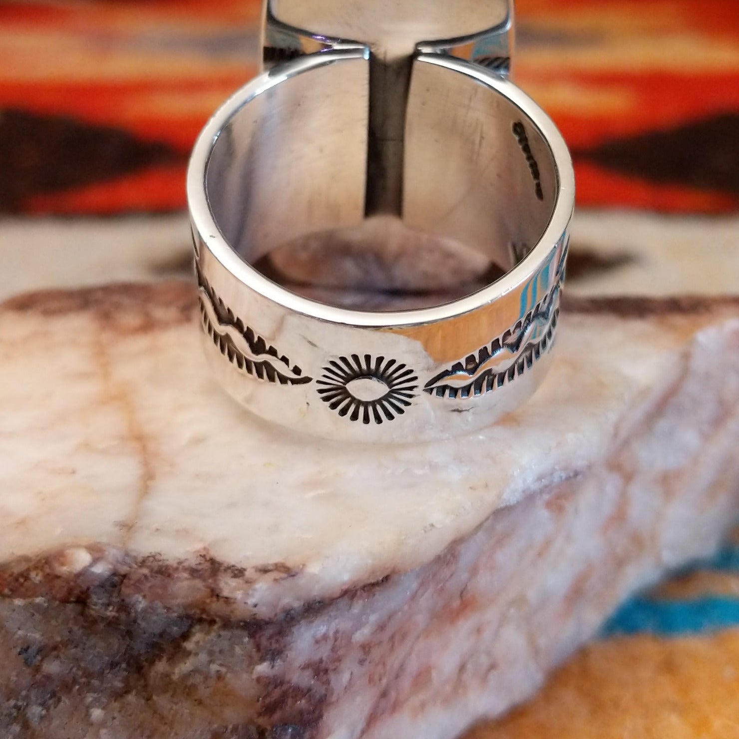Sterling silver ring with Spiderweb Kingman turquoise set in a rectangular bezel.