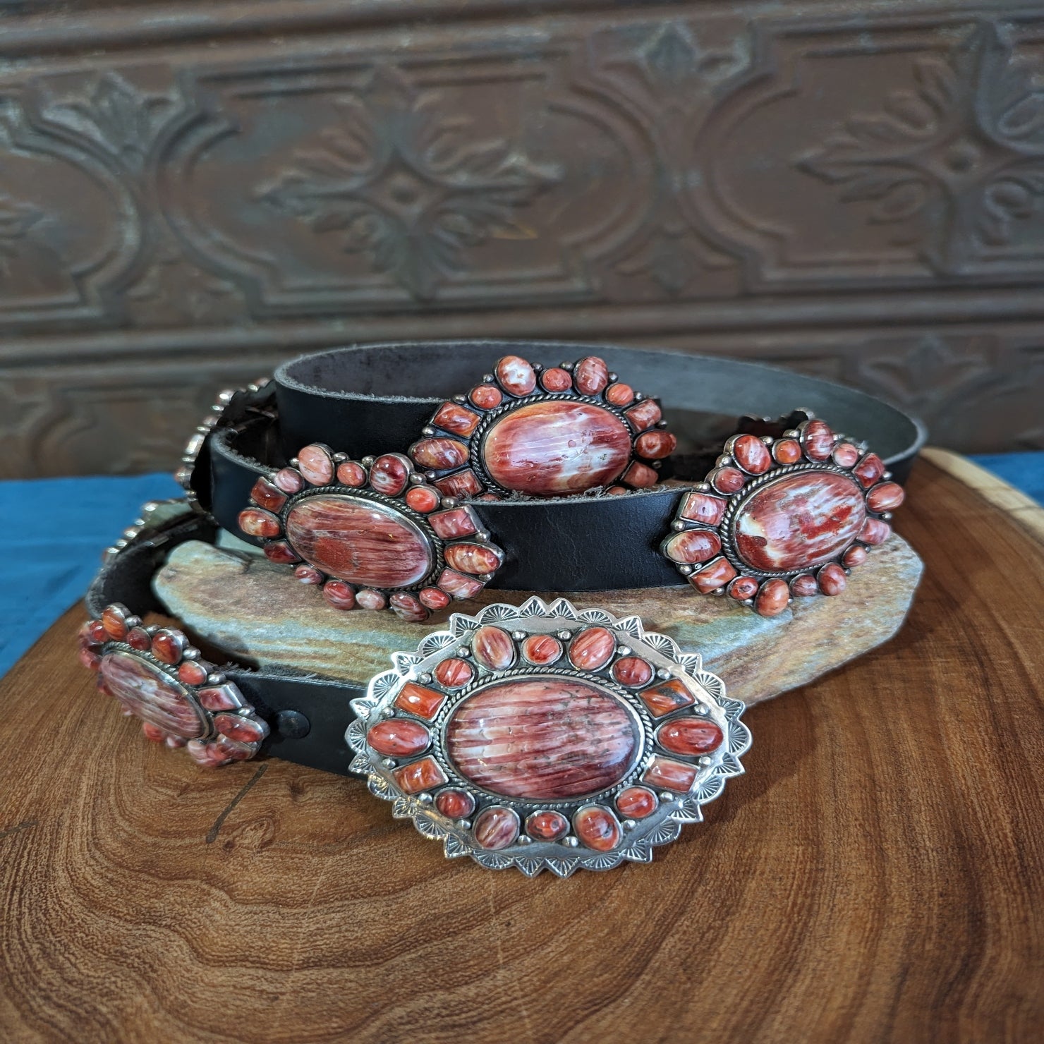 Old Navajo Sterling Silver Turquoise Coral Buckle Mexico Leather Belt