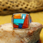 Square multistone inlay ring by Bernadine Joe, featuring a geometric arrangement of natural stones set in a handcrafted sterling silver band with traditional Southwestern-inspired craftsmanship.