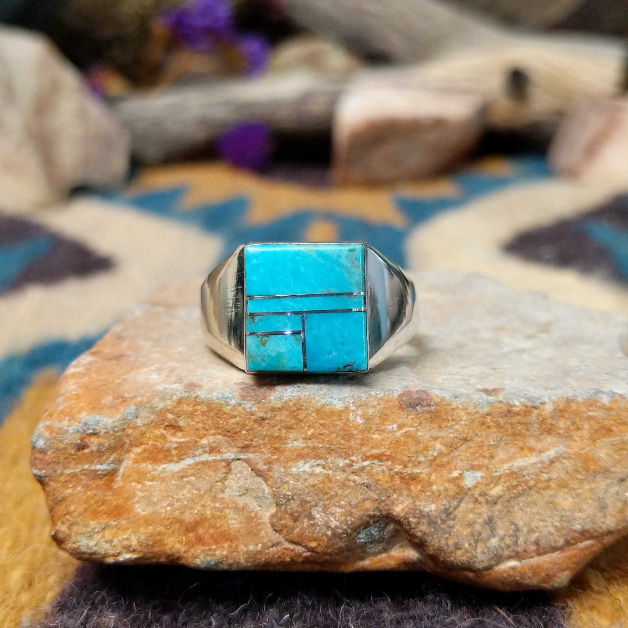 Sterling silver square Turquoise inlay ring by Wilbert Grey with geometric silver accents.