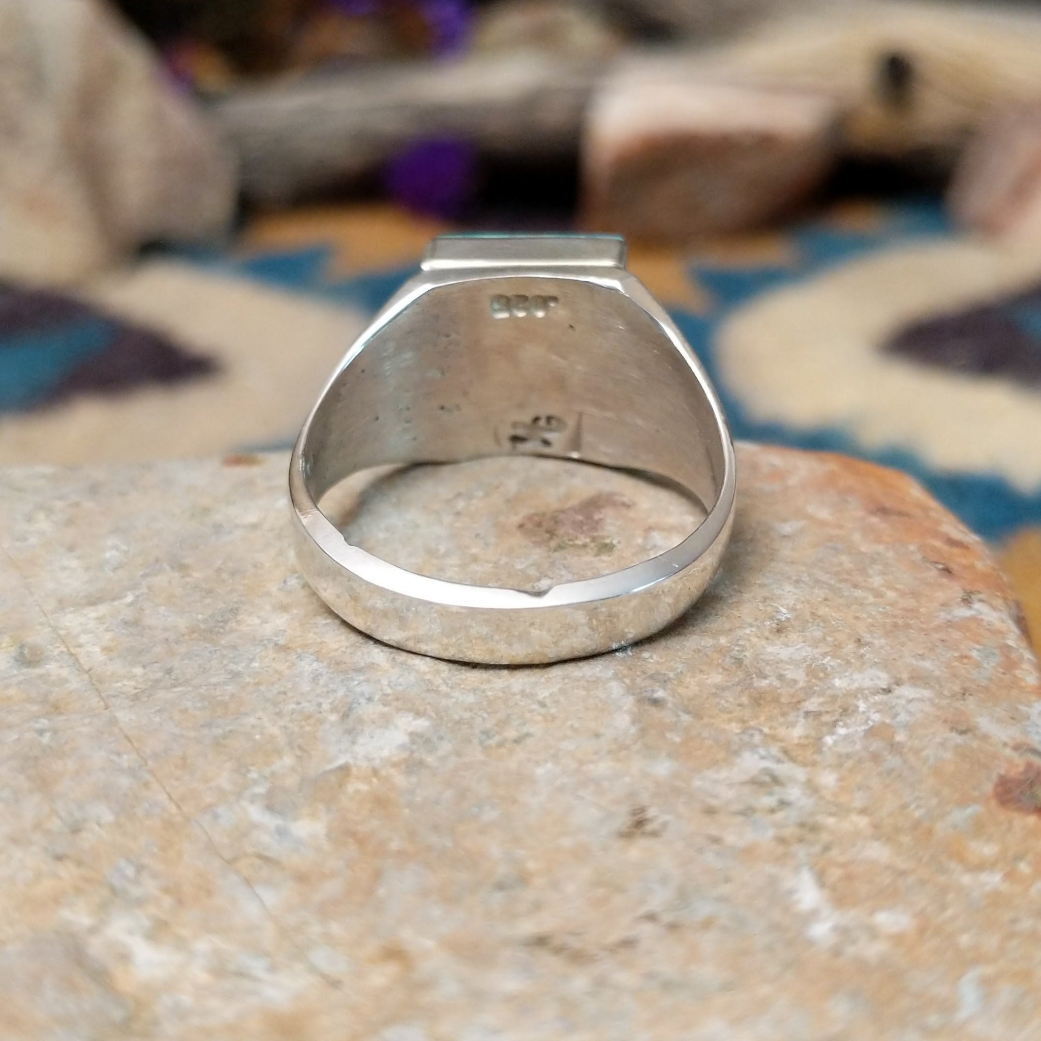 Sterling silver square Turquoise inlay ring by Wilbert Grey with geometric silver accents; underside view.