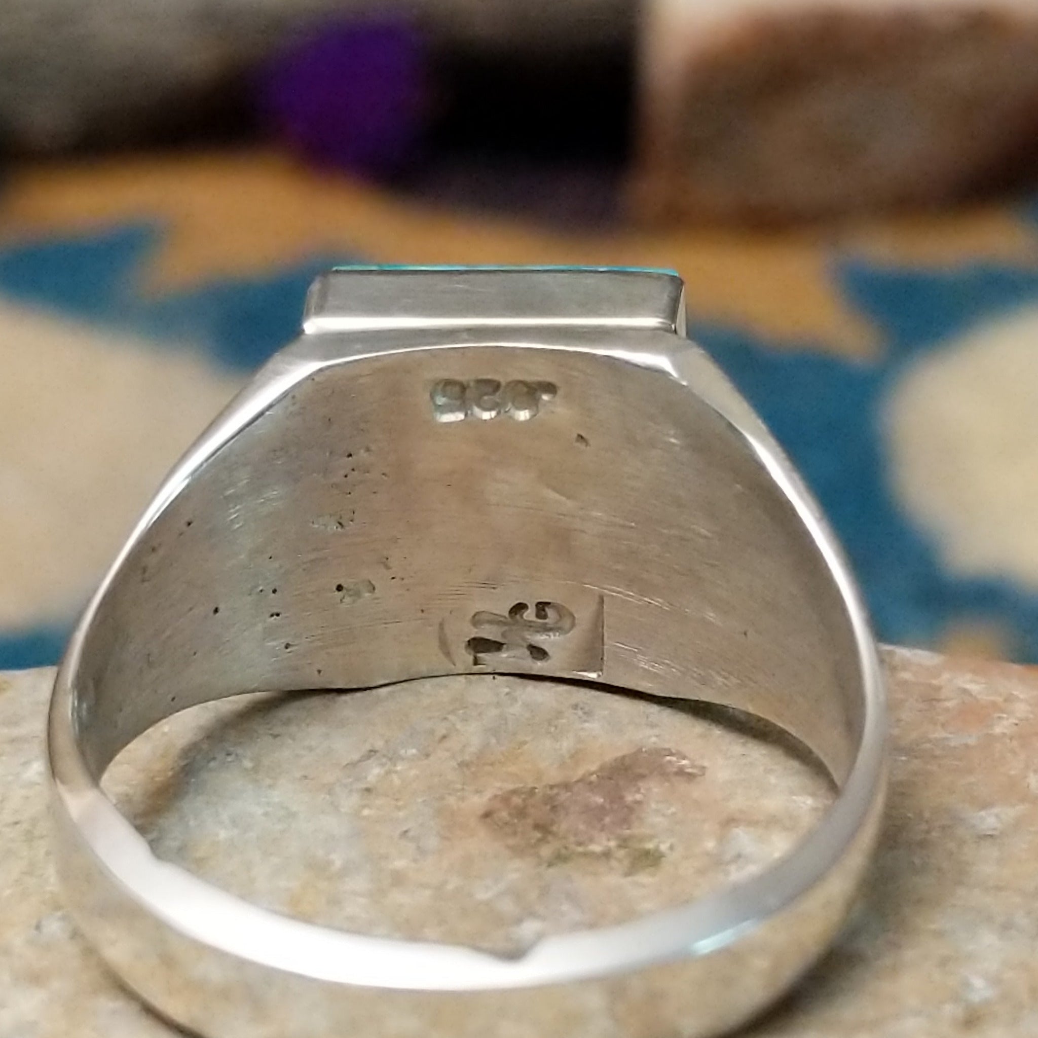 Sterling silver square Turquoise inlay ring by Wilbert Grey with geometric silver accents; artisan and .925 (Sterling Silver) stamp.