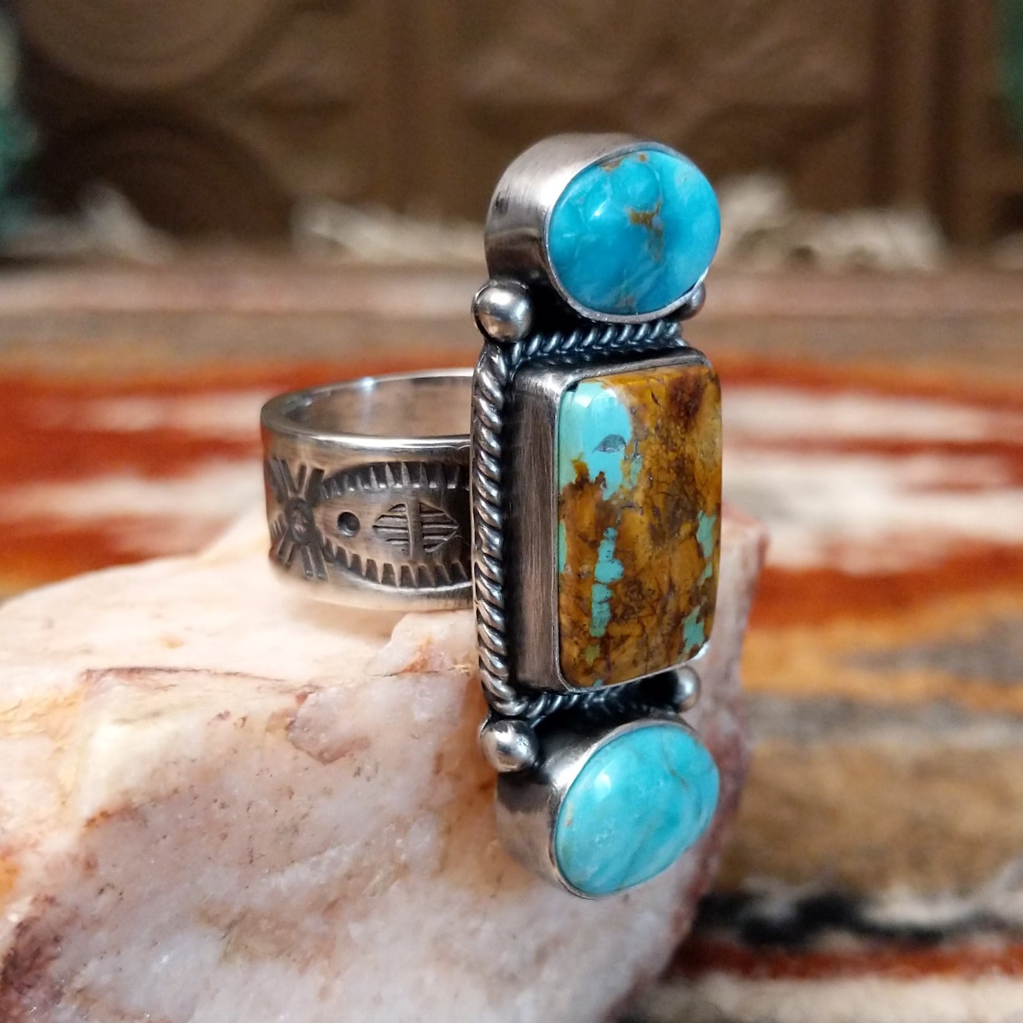 Stacked Sonoran Gold & Boulder Turquoise Ring by Lowell Draper