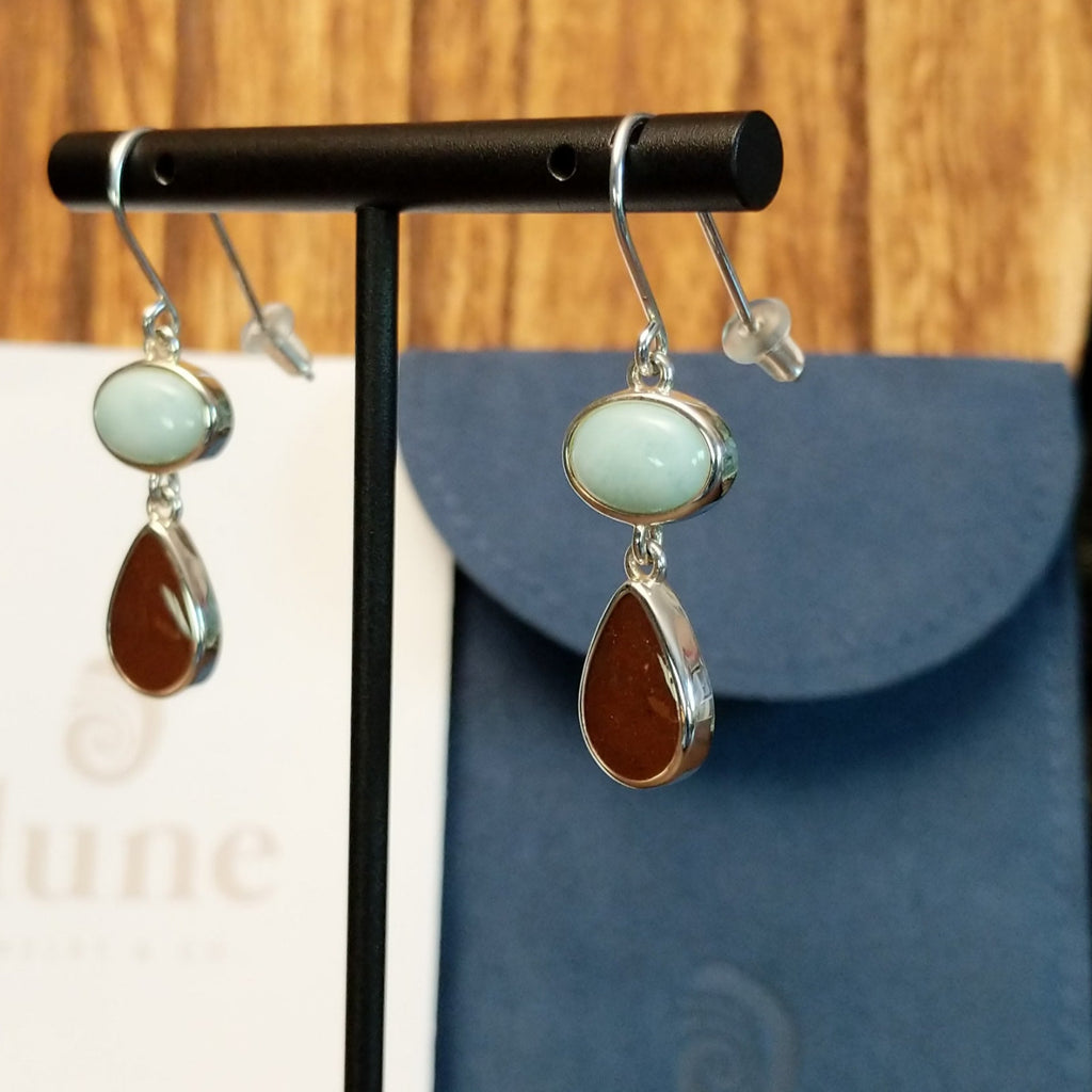 Larimar and Lake Powell sand set in sterling silver bezels of the dangle earrings.