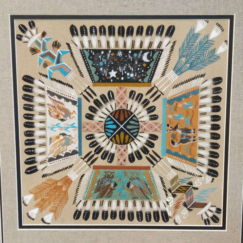 A close-up of the colorful sand painting.