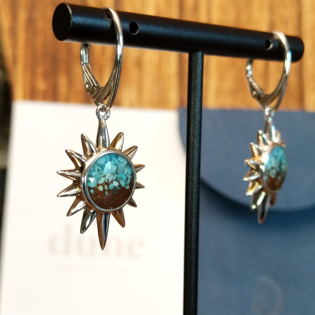 The front of the earrings feature turquoise and Lake Powell sand set in sun bezels with a lever-back closure on the earrings.
