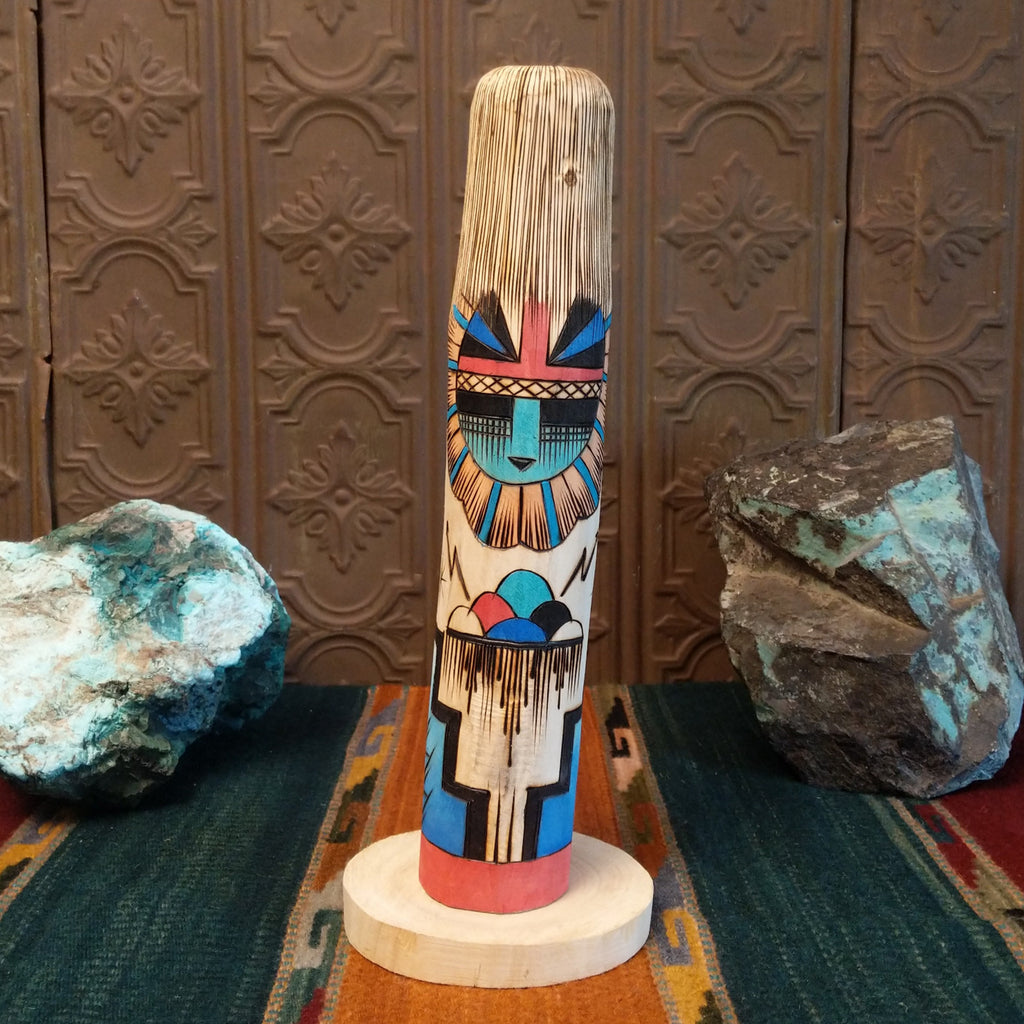 Sunface Shalako Kachina with sunface motifs and colorful designs all along the body.