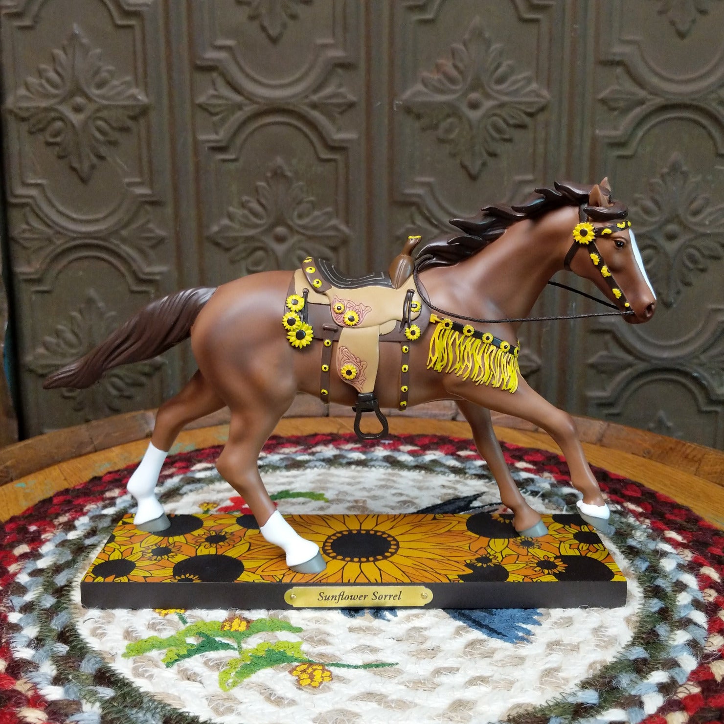 "Sunflower Sorrel" collectible pony by The Trail of Painted Ponies, featuring detailed hand-painted sunflower artwork, golden tones, and countryside-inspired design elements.