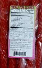 A close-up of a packaged food product showing a large Nutrition Facts label on red licorice sticks. The label has a yellow header reading 'PRICKLY PEAR LICORICE' and contains nutrition information, ingredients, and a barcode.